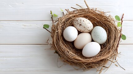 A natural bird s nest woven from twigs and straw contains several diverse eggs including speckled white pale blue and cream positioned on a light colored wooden background
