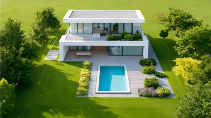 Elegant contemporary architecture featuring a multi level house inviting swimming pool spacious wooden deck and lush green landscaping on a sunny day