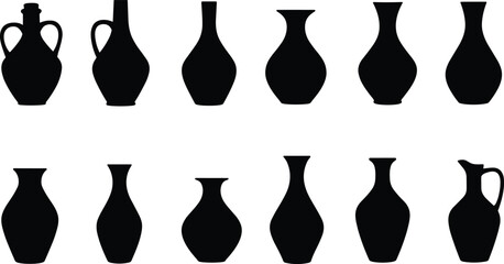Black silhouette amphora vase icons, ancient pottery shape set, decorative vessel outline series, cad drawing flat vector illustration