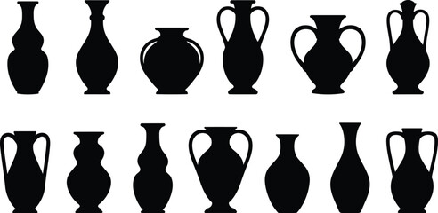 Black silhouette vase shape icons, ancient pottery form set, decorative container outline series, cad drawing flat vector illustration