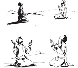 Muslim man praying, hand drawn sketch vector background.