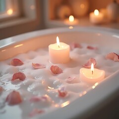 Relaxing bath with floating candles and rose petals in ambient light  
