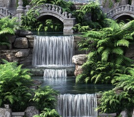 Serene waterfall cascading over rocks surrounded by lush greenery and tropical plants in a peaceful natural landscape with stone arches