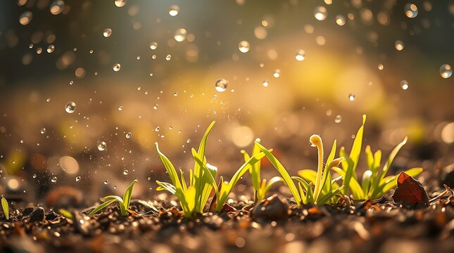 Close up of young plants growing in the soil with water droplets and sun shining through the leaves - Powered by Adobe