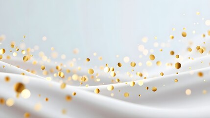 Abstract scene of flowing white silk fabric waves adorned with shimmering golden confetti and soft bokeh lights evoking luxury and celeb n