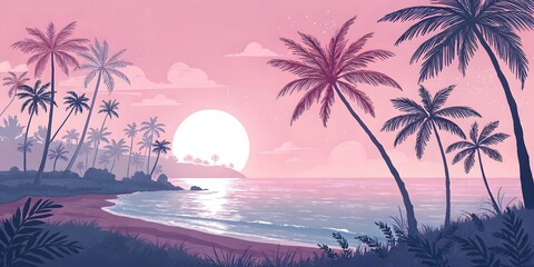 Pixel art tropical beach sunset with palm trees and ocean waves