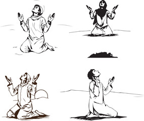 Muslim man praying, hand drawn sketch vector background.