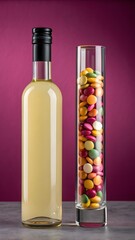 Glass bottle with yellow liquid next to a tall glass filled with colorful candies