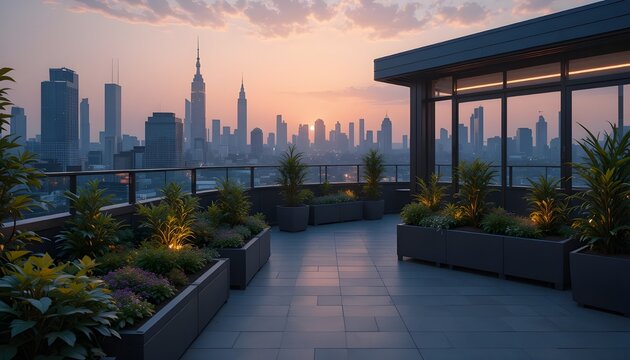&ldquo;Sunset rooftop garden 2026 &mdash; plants glowing under soft LED light, modern city skyline behind, serene vibe&rdquo;
