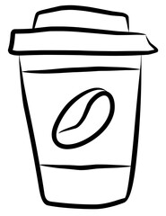 Simple outline illustration of a coffee cup with a coffee bean design on the front.