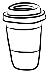 Minimal black and white outline drawing of a plain plastik or paper cup with lid.