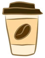 Cute colored illustration of a takeaway coffee cup with a brown lid and bean emblem.