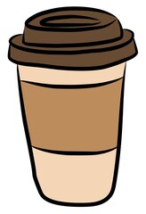Warm tone illustration of a takeaway coffee cup with lid in soft brown shades.