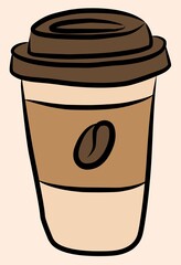 Brown coffee cup illustration featuring a coffee bean symbol and matching lid.