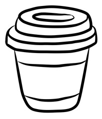 Simple black and white line illustration of a takeaway coffee cup with lid.