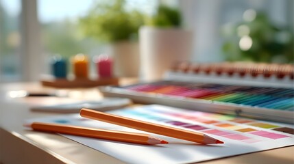 A bright and organized creative desk setup featuring two sharpened orange pencils resting on paper alongside a comprehensive color swatch book and small jars of pigment