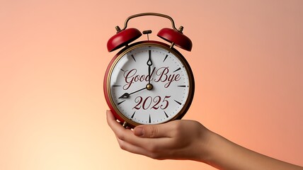 Hand holding an alarm clock with good bye 2025 text on it