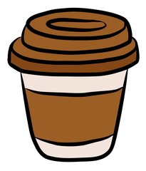 Cute dark brown cartoon illustration of a coffee cup with lid and soft highlights.