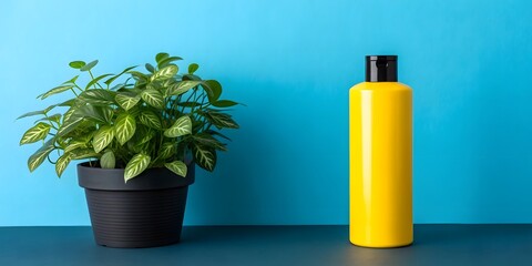 Bright yellow bottle and green potted plant against a blue background