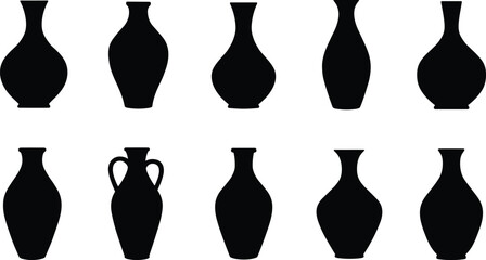 Black silhouette vase shape icons, pottery form comparison set, decorative vessel outline series, cad drawing flat vector illustration