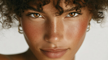 Portrait of a young woman with darker skin tone and freckles, defined cheekbones and intense gaze, signature beauty style.