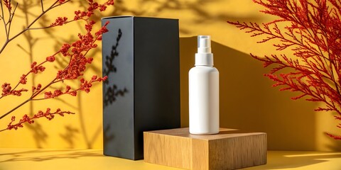 White cosmetic bottle and black box on wooden block with autumn foliage