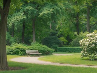 Peaceful park scene with a winding path and empty bench surrounded by lush greenery