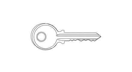 Simple outline drawing of a common metal key, serving as a basic black and white icon for security and access. (19 words)