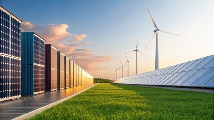 A vibrant landscape showcasing solar panels and wind turbines, symbolizing renewable energy and sustainability against a backdrop of a clear sky.