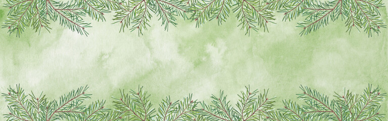 Watercolor background with pine branches on soft green texture. Festive natural illustration perfect for holiday cards, winter invitations, or Christmas decoration themes.