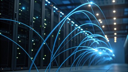 A futuristic data center with glowing blue connections, illustrating high-speed data transfer and advanced technology.
