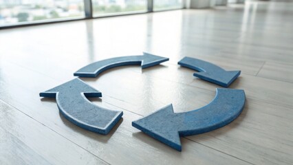 A circular arrangement of blue arrows on a light wooden floor, symbolizing recycling or a continuous cycle, set in a modern space.