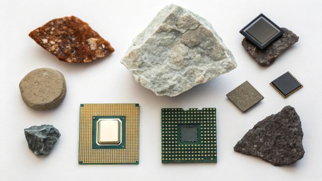 A collection of rocks and microchips arranged artistically, showcasing the contrast between natural and technological elements.