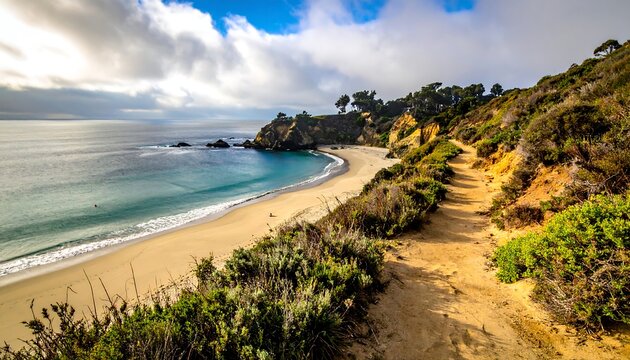 Scenic coastal landscape showcases a tranquil beach with turquoise water, surrounded by cliffs and a walking path. Clouds fill the sky