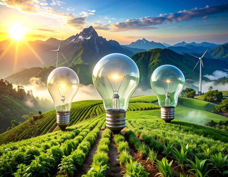 Scenic digital art showing three glowing light bulbs in a field with mountains, wind turbines, and a sunrise