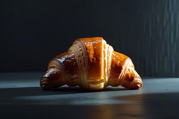 Fresh croissant with golden glaze and dramatic dark background