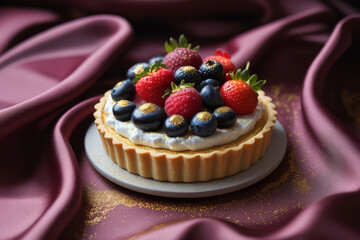 Tartlet with mixed berries on burgundy fabric and gold details. Golden tartlet with assorted berries on burgundy silk background