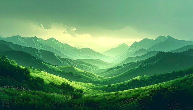 Rolling green hills fading into a hazy, layered mountain range under a moody, overcast sky. Lush foreground grass. A peaceful landscape scene
