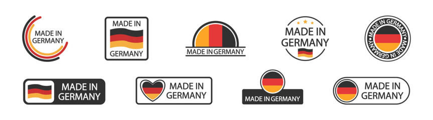 Made in Germany badge icon, German flag emblem, quality guarantee stamp, product origin label, national certification seal, vector symbol for packaging and branding, isolated on transparent background