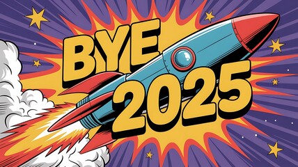 Bye 2025 cartoon rocket blasting off into starry sky with clouds