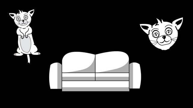 Cartoon animation of a cat, a cat's head, and a sofa in black and white on a black background, artistic drawing.