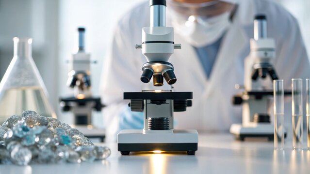 A laboratory scene featuring a microscope, test tubes, and glassware, suggesting scientific research and experimentation. - Powered by Adobe