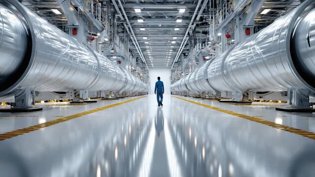 Humanity's Industrial Quest: A solitary figure navigates a vast industrial space, dwarfed by imposing pipelines, embodying humanity's ambition for progress. The composition evokes a sense of scale.