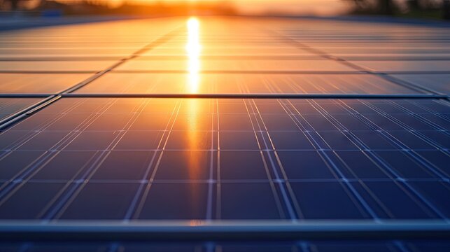 Close-up of photovoltaic panels with sunlight reflections, emphasizing green energy and modern sustainability