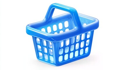 Fototapeta premium A vibrant blue plastic shopping basket with a handle, set against a clean white background, showcasing its grid-like structure and glossy finish.