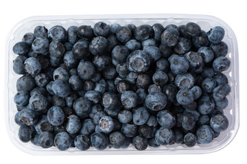Blueberries in a plastic container isolated on a white background.