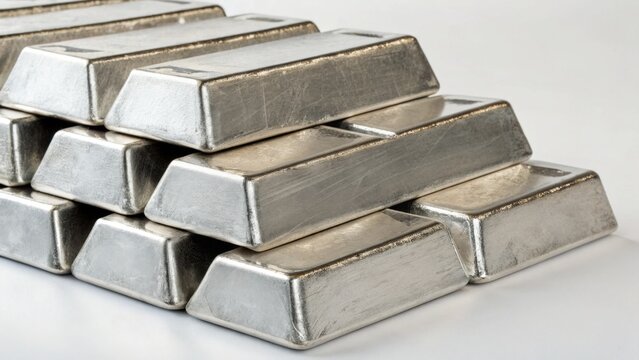 A stack of shiny silver bars, emphasizing their metallic texture and geometric shapes, showcasing their value and craftsmanship.