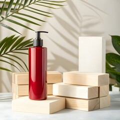 Red pump bottle of liquid soap with natural bar soaps and palm leaves