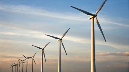 Fototapeta premium A row of wind turbines against a clear sky, showcasing renewable energy technology and sustainable power generation.