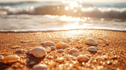 Close-up of tiny sea shells glistening in sunlight on warm golden sand, soft ocean waves blurred in the distance